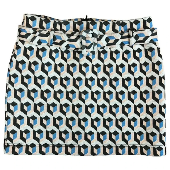 Fate Belted Mini Skirt Geometric Pattern Blue Black Pink Size Large Quilted - Picture 1 of 8